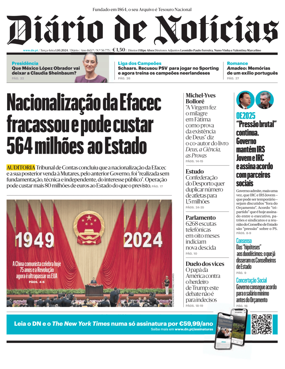 Prima-pagina-Diario de Noticias-edizione-di-oggi-20241001